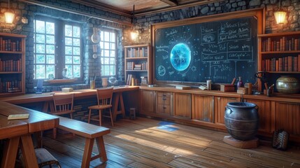 The interior of a magic school is filled with wooden desks for pupils and teachers, a blackboard with chalk writings, a potion cauldron, witch hats, spell books, magic wands, and brooms. Cartoon - obrazy, fototapety, plakaty