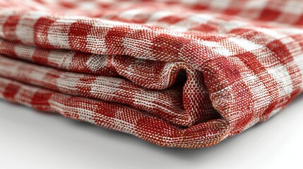 The top of a tablecloth or kitchen towel has been folded with a checkered and lined pattern. Picnic napkins with gingham cotton linen or plaid designs are isolated on white backgrounds. This - obrazy, fototapety, plakaty