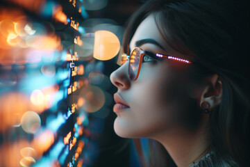 Futuristic software and hardware  coding hologram serious concentrated attractive woman thinking about data analytics digital technology. Programmer programming cybersecurity research and IT - obrazy, fototapety, plakaty