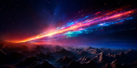A comet streaking through space, leaving a luminous rainbow trail as it travels among the stars. - obrazy, fototapety, plakaty