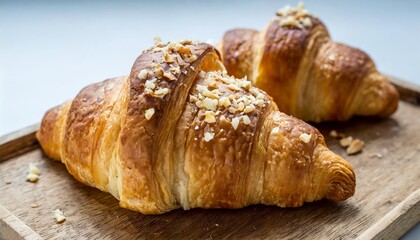 breakfast croissants with crumbs on white background freshly baked with butter and nuts