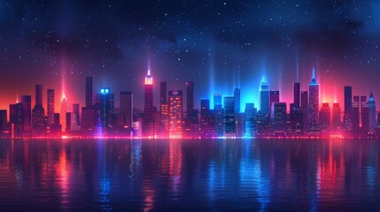 Night time neon light on city street cartoon landscape illustration. Urban modern skyline background with building and road at night. Dark dark game panorama scene.