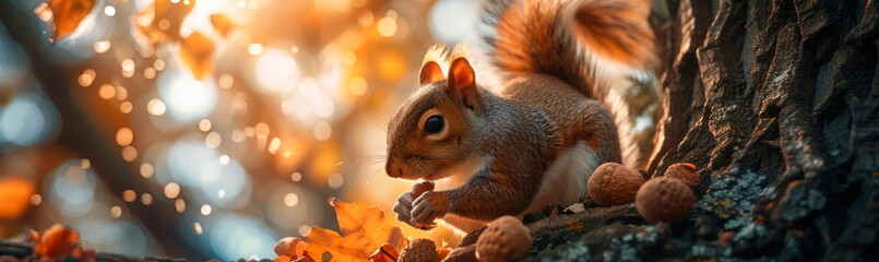 A close-up of a squirrel wielding an acorn wand, nestled in a tree with leaves that shimmer like fairy dust. - obrazy, fototapety, plakaty