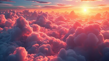 Realistic 3D modern illustration of sky or heaven with pink, white, blue, and lavender soft fluffy clouds flying. Creative abstract view of dawn or evening.