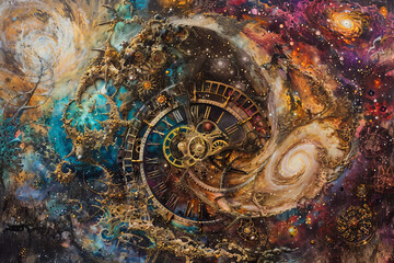An abstract representation of time intertwines cosmic phenomena and clock mechanics, creating a mesmerizing fusion of celestial and earthly timekeeping.