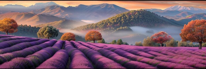 A vibrant painting depicting a lavender field in full bloom with majestic mountains in the distant background, under a clear blue sky