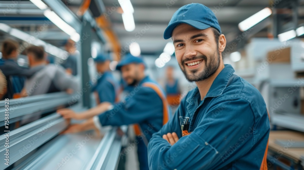 Poster smiling worker in blue uniform during furniture assembly process in a factory setting