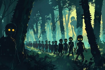 A group of the undead slowly emerging from the shadows into the eerie forest. cute animation - obrazy, fototapety, plakaty