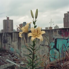 Lilies bloom in defiance of the concrete jungle, their fragile beauty a reminder of nature's resilience amidst the urban sprawl.