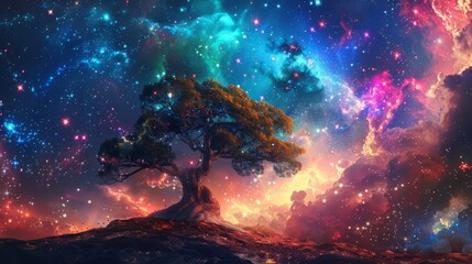 Ancient tree spreading its branches in front of a colorful cosmic sky filled with nebula and constellation of stars, fantasy landscape, abstract background in spiral composition