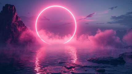 There is a neon circle frame with smoke on the surface of the water. A round glowing frame with a magic light along with soft clouds. Purple ring with brilliant sparkles and flares, Realistic 3D