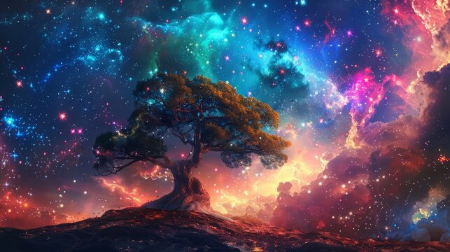Ancient tree spreading its branches in front of a colorful cosmic sky filled with nebula and constellation of stars, fantasy landscape, abstract background in spiral composition