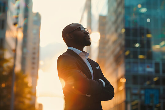 Fototapeta Happy wealthy rich successful black businessman standing in big city modern skyscrapers street on sunset thinking of successful vision dreaming of new investment opportunities.