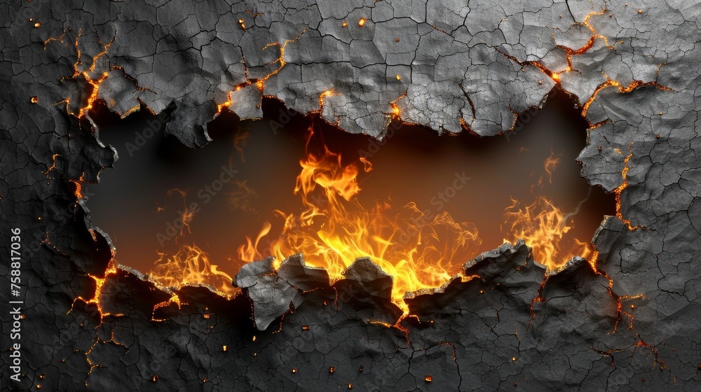 Poster fire smoldering on charred uneven edges, parchment sheets in flames on a transparent background. bur