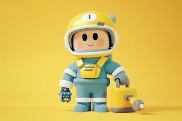 Naklejka premium Create a 3D cartoon character of a cute soldier armed with a mini toolbox to combat computer viruses. cute animation