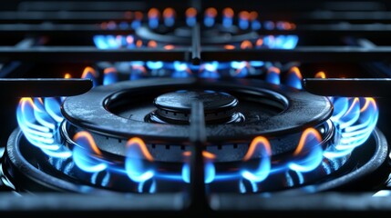 Burning propane butane in an oven for cooking with blue flame. Modern realistic mockup isolated on transparent background with blue flame. - obrazy, fototapety, plakaty