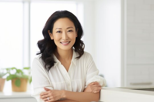 Portrait of happy asian businesswoman smiling at camera in office