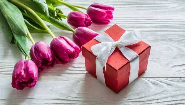 gift box and beautiful flowers on white background