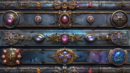 A set of fantasy gold and silver frames in medieval style for UI design in role playing games. Modern cartoon set of empty banners with ancient gold and metal borders and purple gems.