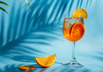 Aperole spritz in the big glass and slice of orange on the blue background with palm leaf shadow and copy space