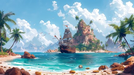 Fototapeta premium Modern cartoon seascape with sail boat after shipwreck on uninhabited island with gold coins, palm trees, and a treasure chest on tropical island with broken pirate ships.