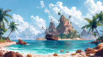 Photo sur Aluminium Bleu Modern cartoon seascape with sail boat after shipwreck on uninhabited island with gold coins, palm trees, and a treasure chest on tropical island with broken pirate ships.
