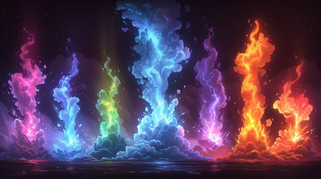 Animated explosion with colorful clouds, smoke and fumes. Fire blast and weapon shot. Purple, green, blue, and red elemental magic spells explode in the air. Cartoon modern.