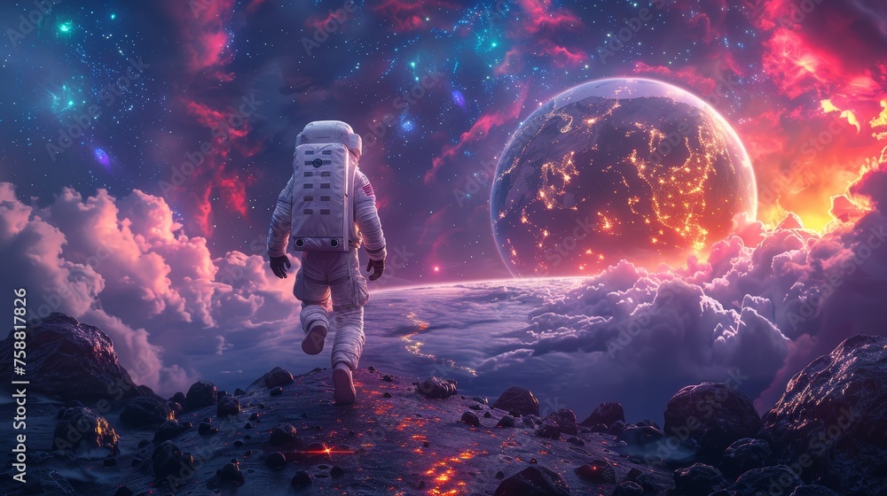 Poster modern illustration of an astronaut soaring through space as he jumps from platform to platform on a