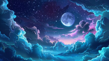 Anime style illustration of beautiful night sky and clouds