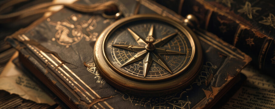 A bronze Masonic compass and square emblem positioned with aged leather-bound books and parchment scrolls in the background.