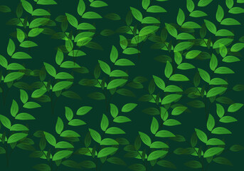 pattern with green leaves on a dark green background.