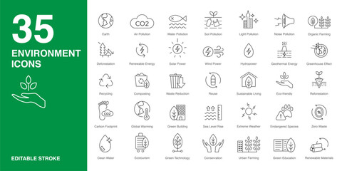 Environment icon set in line style. Enviroment simple black line style symbol sign for apps and website and infographic vector illustration.