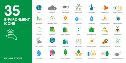 Environment icon set in color style. Environment simple  colorful style symbol sign for apps and website and infographic vector illustration. - obrazy, fototapety, plakaty