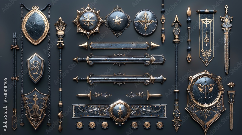 Poster an element set based on the medieval style with gold frames. it includes buttons, banners of differe