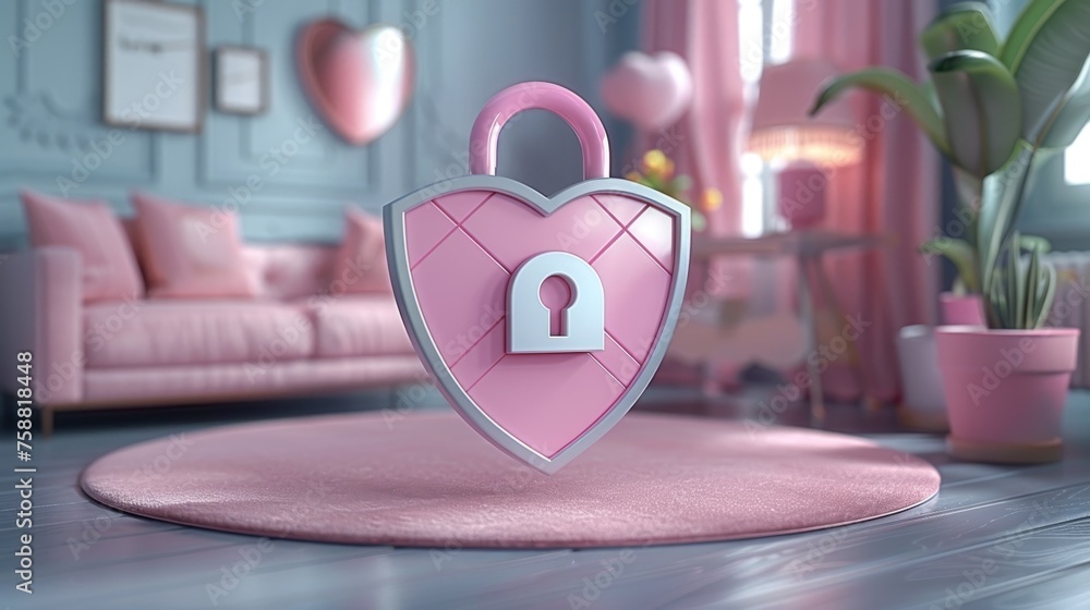 Poster a 3d rendering of a shield with a padlock, key, cross, and tick sign. the idea is to emphasize priva