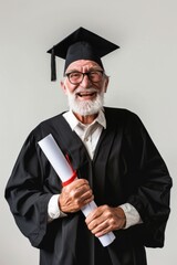 A happy senior man graduating from college on a white background