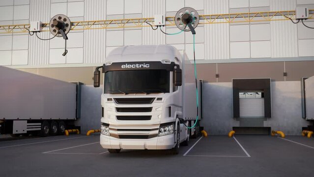 Generic electric semi trucks with cargo trailer charging at loading docks of a warehouse or logistic center. Decarbonisation and sustainable business concept. Realistic 3d animation rendering