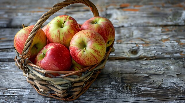 Freshly picked apples arranged in a rustic basket on a weathered wooden surface, showcasing the bounty of the harvest season