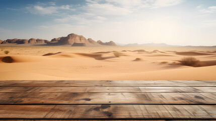 Fototapeta na wymiar Empty wooden table in front of desert background