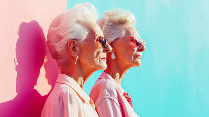 Two stylish older women dressed in bright street funky clothes, modern sunglasses on a bright pastel wall. Generative AI