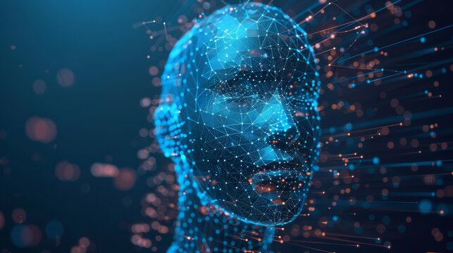 Artificial intelligence in humanoid head with neural network thinks. AI with a Digital Brain is learning to process big data and analyze information. The face of the cyber mind. Technology background