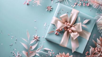 Artistic composition with a beautifully designed gift. Festive decoration with a bow. Festive day
