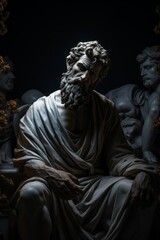 Mysterious ancient greek, roman male stoic statue, sculpture in dramatic lighting, shadows highlighting the impressive muscular build and classical beauty. 