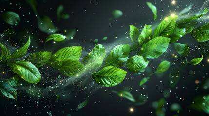 Air vortex with floating mint leaves and green leaves isolated on transparent background. Modern realistic illustration of an air vortex and wave. - obrazy, fototapety, plakaty