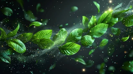 Foto auf Leinwand Air vortex with floating mint leaves and green leaves isolated on transparent background. Modern realistic illustration of an air vortex and wave. © Mark