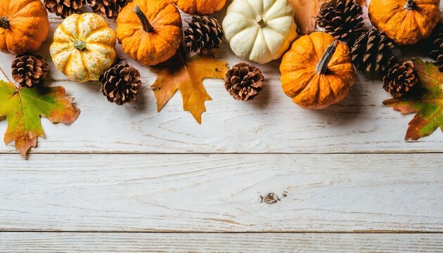 rustic fall background of autumn leaves pine cones and mini pumpkins with free copy space for text over a white rustic background image shot from overhead