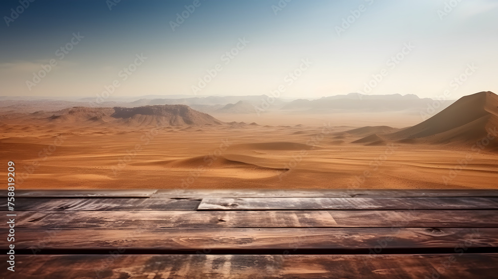 Poster empty wooden table in front of desert background