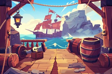 Cartoon modern illustration of a wooden deck onboard a pirate ship, a boat with cannons, wooden boxes, and barrels, a hold entrance, a mast with ropes, a lantern, and a buccaneer flag.