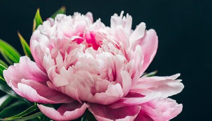 beautiful fluffy blooming pink peony on black background