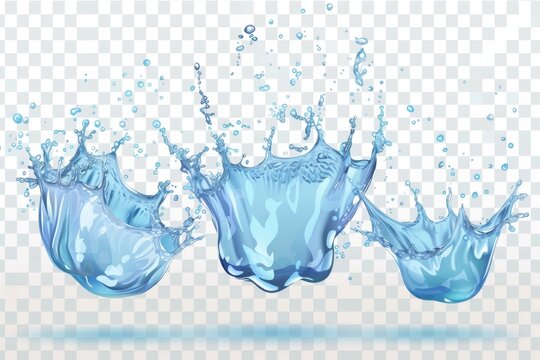 Water splash set. Dynamic motion elements with spray droplets side view isolated on transparent background, hydration ad. Realistic modern Illustration, clip art.
